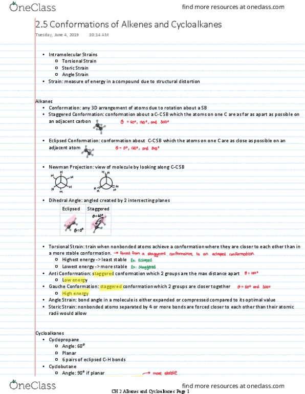Chemistry 2213A/B Chapter Notes - Chapter 2.5: Staggered Conformation, Ring Strain, Molecular Geometry thumbnail