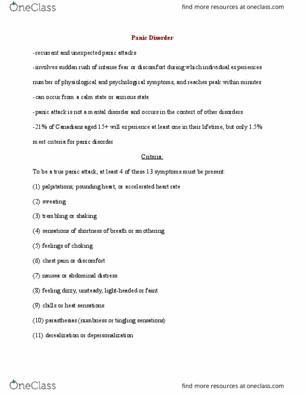 PS280 Chapter Notes - Chapter 5: Panic Disorder, Panic Attack, Paresthesia thumbnail