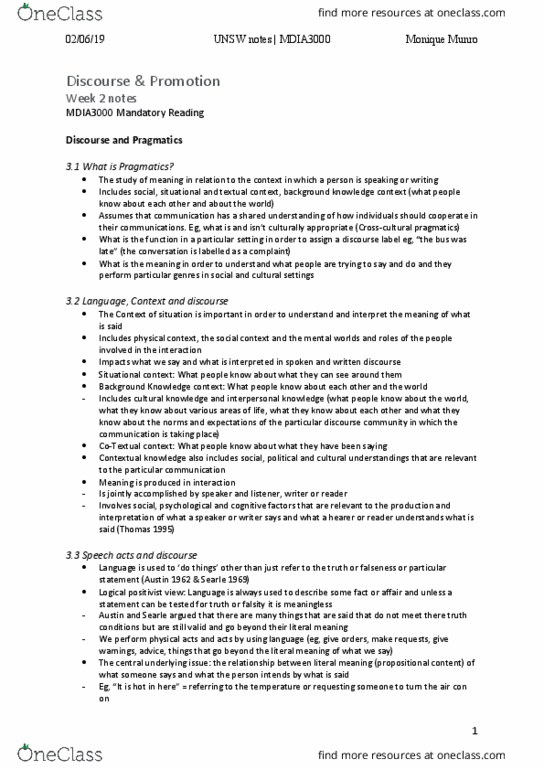 MDIA3000 Chapter Notes - Chapter 3: University Of New South Wales, Pragmatics, Cooperative Principle thumbnail