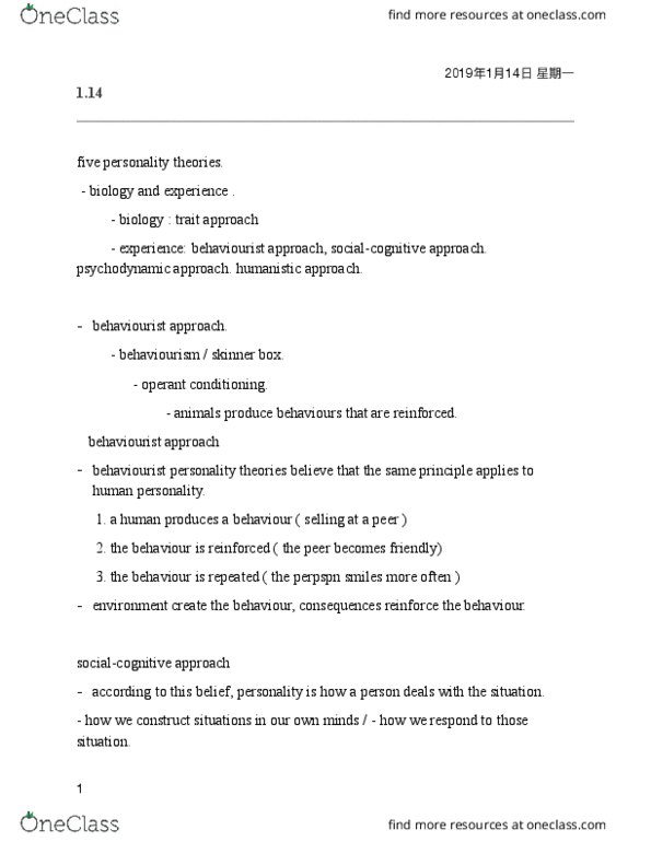 PSYA02H3 Lecture Notes - Lecture 3: Operant Conditioning Chamber, Operant Conditioning, Behaviorism thumbnail