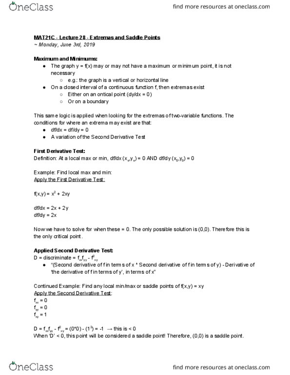 MAT 21C Lecture Notes - Lecture 28: Second Derivative, Fxx, Lagrange Multiplier cover image