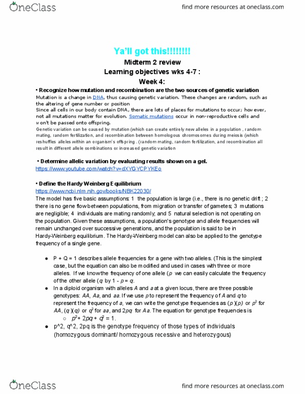 LIFESCI 7B Study Guide - Summer 2019, Midterm - Genotype Frequency ...