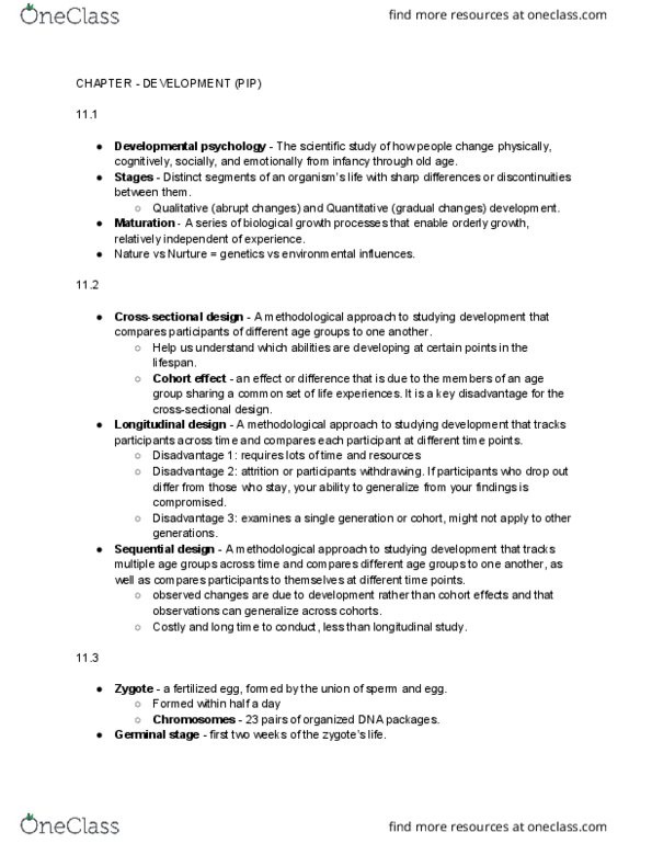 PSY BEH 11B Chapter Notes - Chapter 11: Cell Growth, Longitudinal Study, Cognitive Development thumbnail