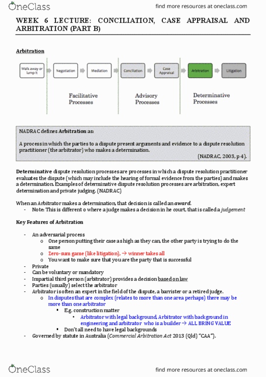 LLB103 Lecture Notes - Lecture 6: Arbitration Award, Adversarial Process, Determinative thumbnail