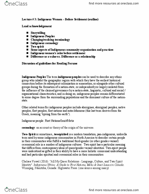 PSYC 1010 Lecture 9: Lecture # 3 Indigenous Women before Settlement (outline) (1) thumbnail
