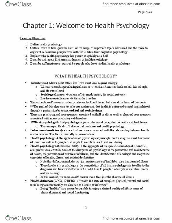 Psychology 2036A/B Chapter Notes - Chapter 1: Health Promotion, Cognitive Psychology, Social Cognition thumbnail