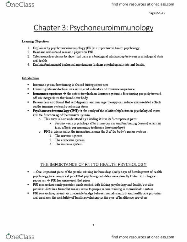 Psychology 2036A/B Chapter Notes - Chapter 3: Psychoneuroimmunology, Immunocompetence, Endocrine System thumbnail