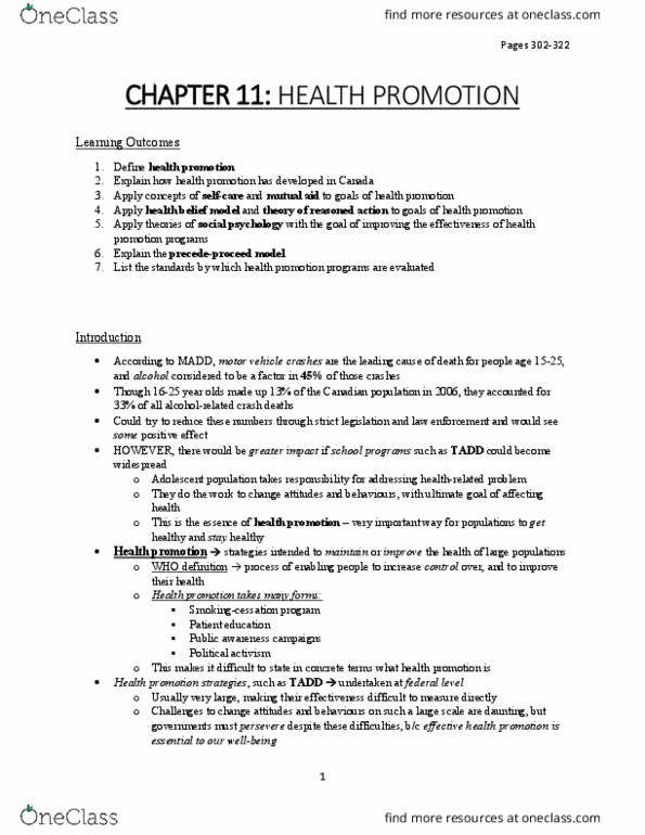 Psychology 2036A/B Chapter Notes - Chapter 11: Health Belief Model, Health Promotion, Smoking Cessation thumbnail