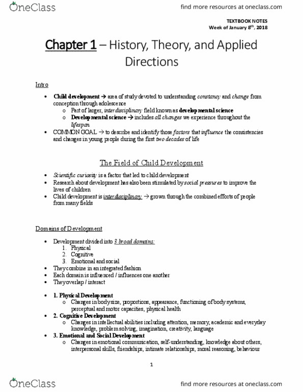 Psychology 2040A/B Chapter Notes - Chapter 1: Developmental Science, Child Development, Cognitive Development thumbnail