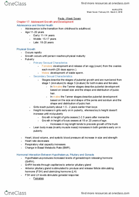 NURS 2770 Lecture Notes - Lecture 7: Secondary Sex Characteristic, Basal Metabolic Rate, Pubic Hair thumbnail