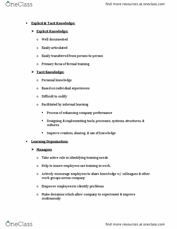 MGT 363 Lecture Notes - Lecture 3: Tacit Knowledge, Explicit Knowledge, Informal Learning thumbnail