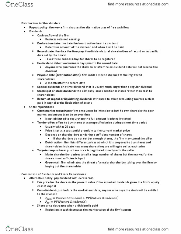 AFM274 Chapter Notes - Chapter 20: Share Repurchase, Dividend, Liquidating Distribution thumbnail