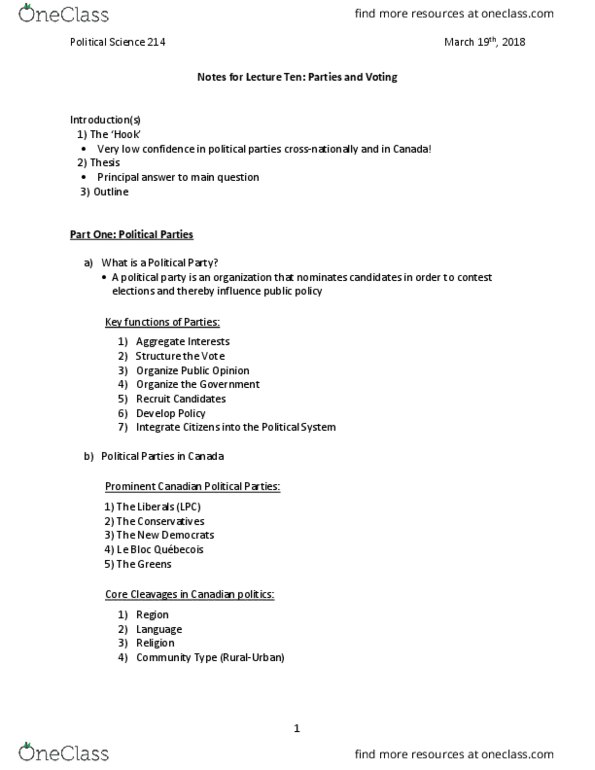 POL214Y1 Lecture Notes - Lecture 1: List Of Political Parties In Canada, Party System, Second Party System thumbnail