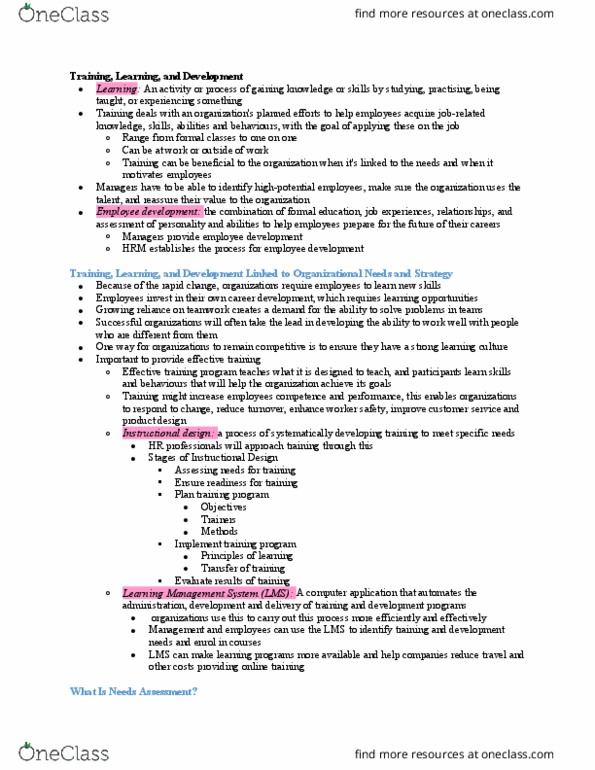 Management and Organizational Studies 1021A/B Chapter Notes - Chapter 4: Learning Management System, Training And Development, Instructional Design thumbnail