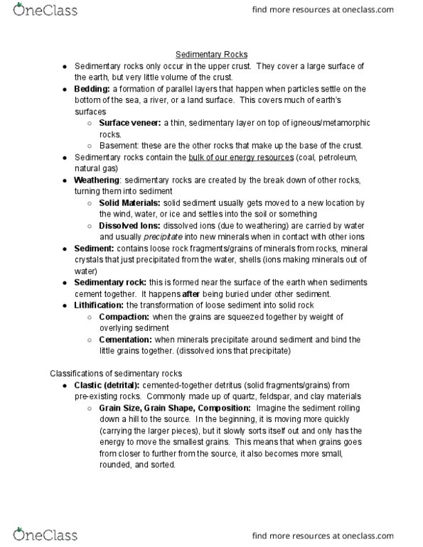 GEOL 100 Lecture Notes - Lecture 11: Lithification, Feldspar, Mudrock thumbnail