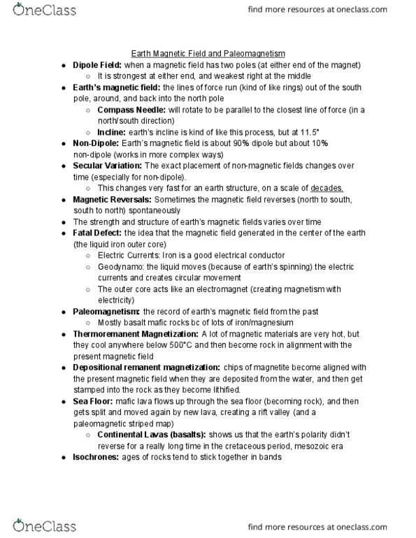 GEOL 100 Lecture Notes - Lecture 15: Paleomagnetism, Mesozoic, Magnetite thumbnail