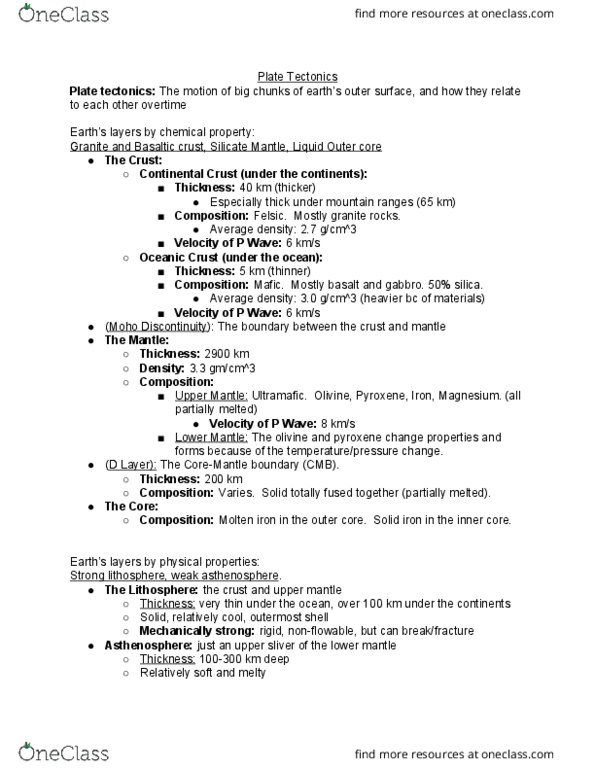 GEOL 100 Lecture Notes - Lecture 16: Plate Tectonics, Continental Crust, Outer Core thumbnail