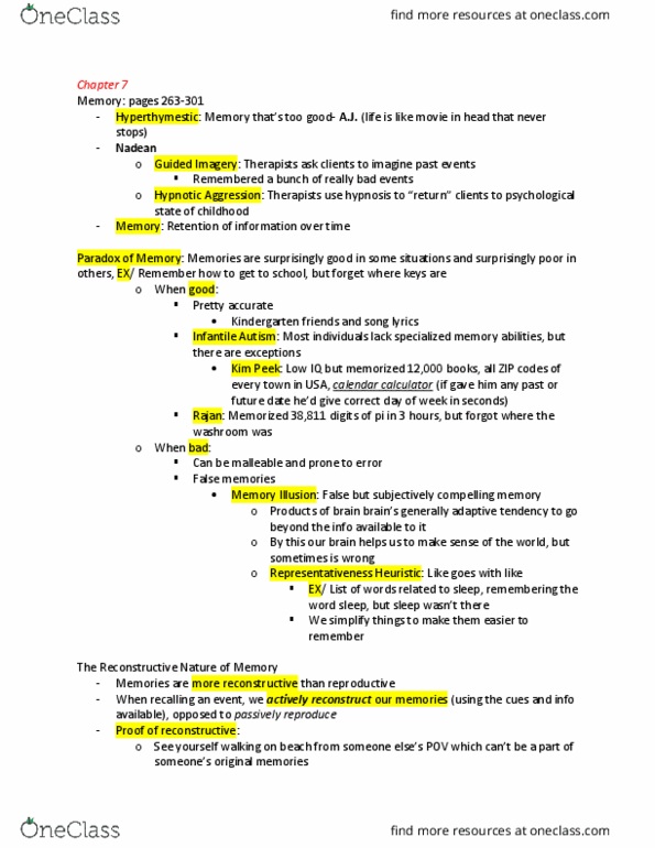 PSY 102 Chapter Notes - Chapter 7: Kim Peek, Hyperthymesia, Guided Imagery thumbnail