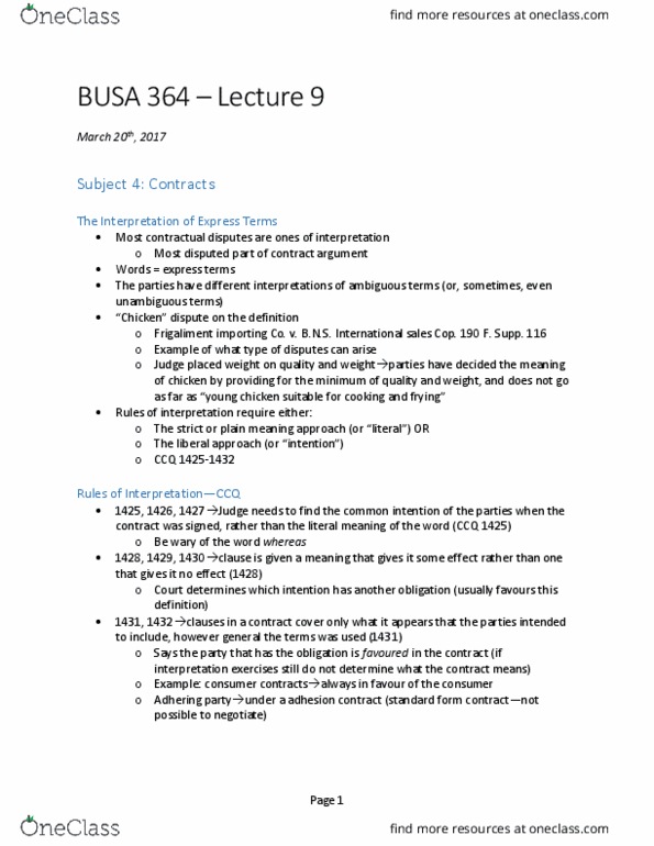 BUSA 364 Lecture Notes - Lecture 9: Standard Form Contract, Quantum Meruit, Apparent Authority thumbnail