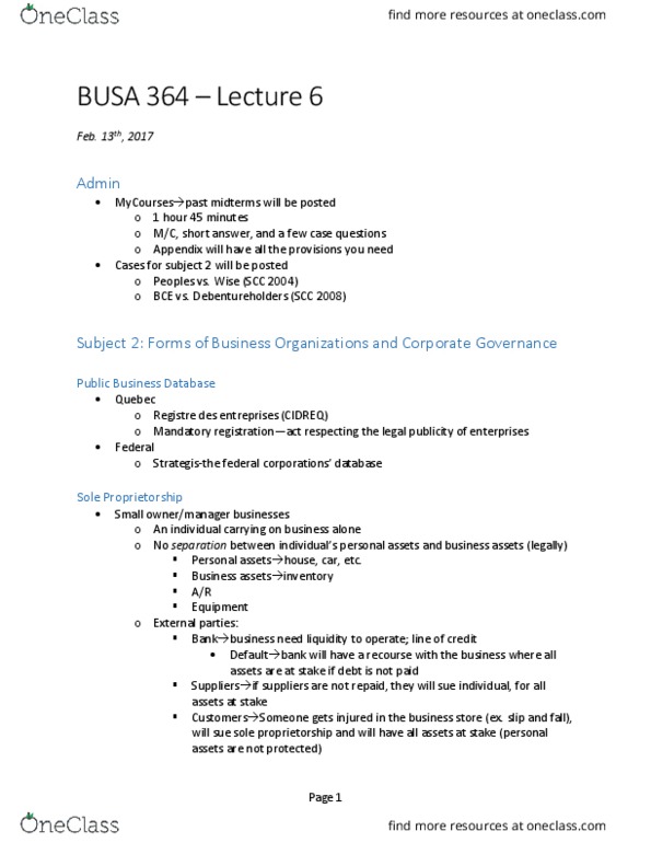 BUSA 364 Lecture Notes - Lecture 6: Sole Proprietorship, Krypto, Canadian Arrow thumbnail
