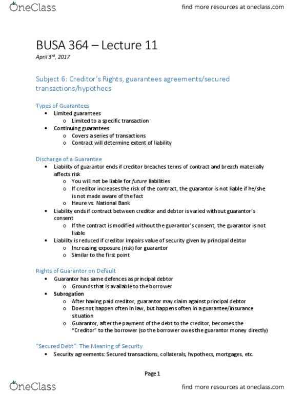 BUSA 364 Lecture Notes - Lecture 11: Secured Creditor, Hypothec, Subrogation thumbnail