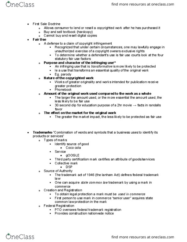 SMG LA 245 Lecture Notes - Lecture 9: First-Sale Doctrine, Lanham Act, Certification Mark thumbnail