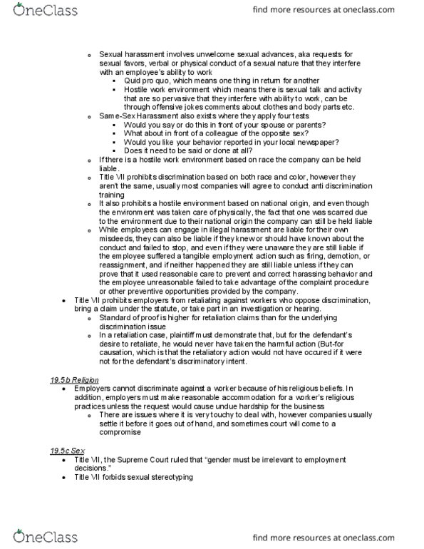 SMG LA 245 Lecture Notes - Lecture 19: Hostile Work Environment, Civil Rights Act Of 1964, Reasonable Accommodation thumbnail