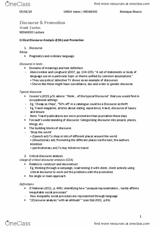 MDIA3000 Lecture Notes - Lecture 3: Critical Discourse Analysis, University Of New South Wales, Deconstruction thumbnail