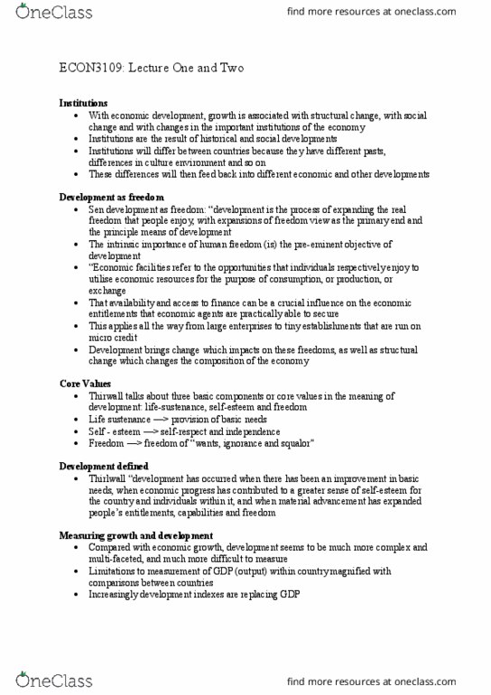 ECON3109 Lecture Notes - Lecture 1: Diminishing Returns, Production Function thumbnail