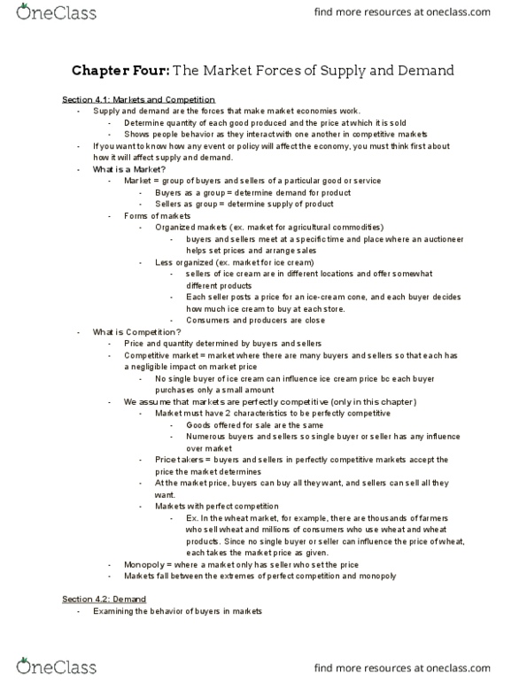 ECON 1 Chapter Notes - Chapter 4: Perfect Competition, Market Price, Takers thumbnail