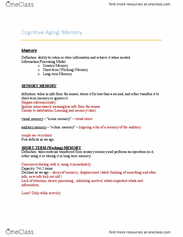 PSYC 362 Lecture Notes - Lecture 4: Echoic Memory, Iconic Memory, Sensory Memory thumbnail