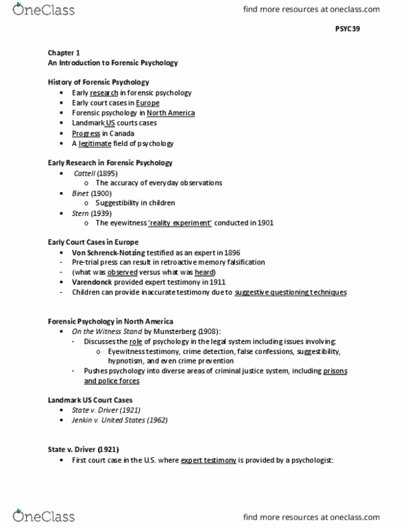 PSYC39H3 Lecture Notes - Lecture 1: Eyewitness Testimony, Forensic Psychology, Hypnosis thumbnail