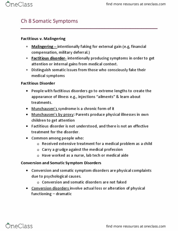 PSYC 341 Lecture Notes - Lecture 8: Factitious Disorder, Somatic Symptom Disorder, Somatization Disorder thumbnail