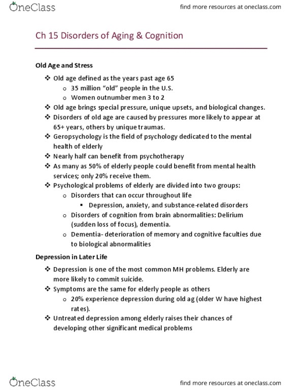 PSYC 341 Lecture Notes - Lecture 15: Old Age, Aging Brain, Dsm-5 thumbnail