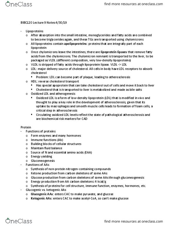 BIBC 120 Lecture Notes - Lecture 9: Reverse Cholesterol Transport, Lipoprotein Lipase, Very Low-Density Lipoprotein thumbnail