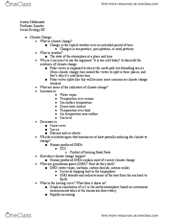 SOCECOL E8 Chapter Notes - Chapter 1: Mauna Loa Observatory, Ocean Heat Content, Sea Surface Temperature thumbnail