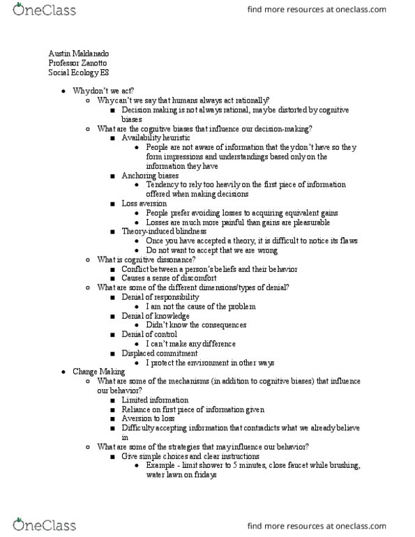 SOCECOL E8 Chapter Notes - Chapter 1: Loss Aversion, Cognitive Dissonance, Availability Heuristic thumbnail