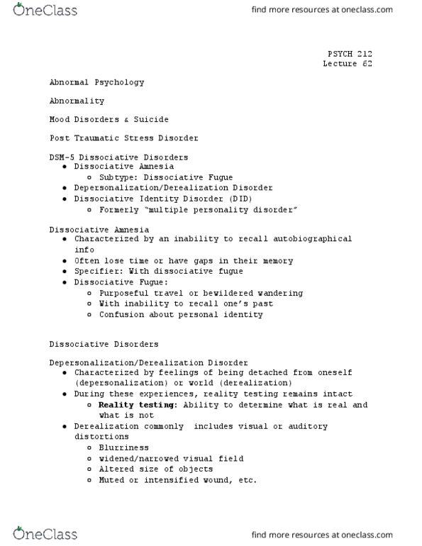 PSYCH 212 Lecture Notes - Lecture 62: Posttraumatic Stress Disorder, Fugue State, Dissociative Identity Disorder thumbnail