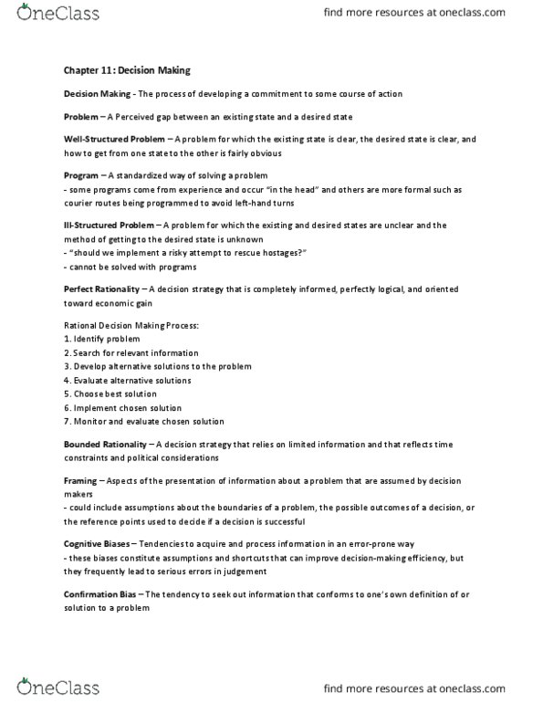 MSCI211 Chapter Notes - Chapter 11: Confirmation Bias, Bounded Rationality, Rationality thumbnail