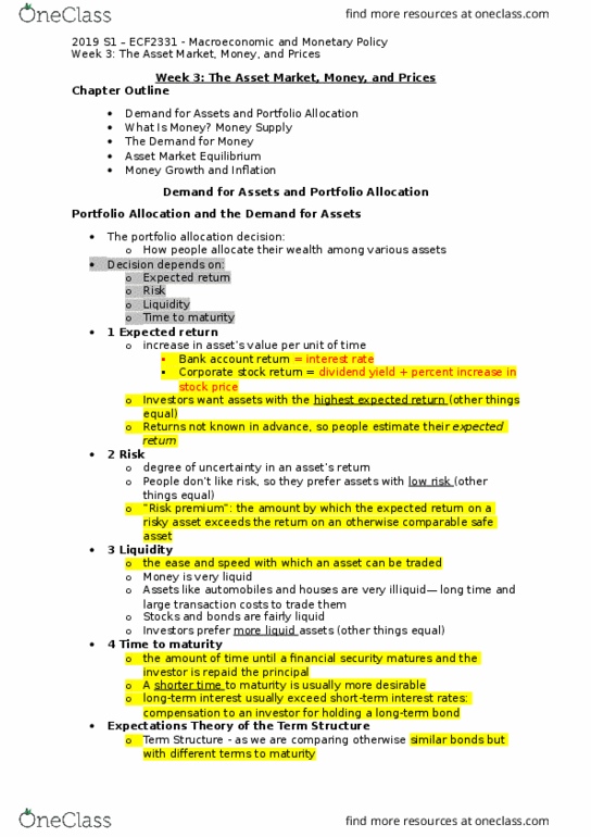 ECF2331 Lecture Notes - Lecture 3: Market Liquidity, Expected Return, Money Supply thumbnail