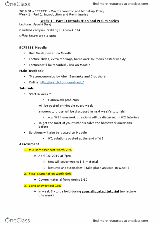 ECF2331 Lecture Notes - Lecture 1: Moodle, Monetary Policy, Final Examination thumbnail