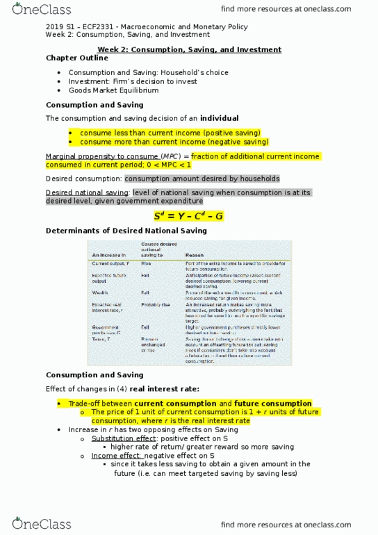 ECF2331 Lecture Notes - Lecture 2: Real Interest Rate, Economic Equilibrium, Fiscal Policy thumbnail