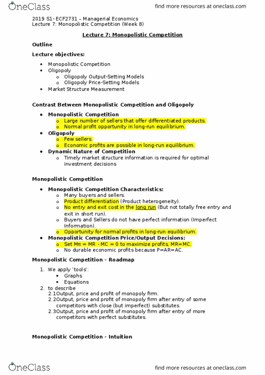 ECF2731 Lecture Notes - Lecture 8: Monopolistic Competition, Substitute Good, Oligopoly thumbnail