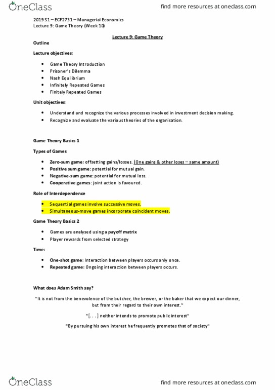 ECF2731 Lecture Notes - Lecture 10: Repeated Game, Game Players, Normal-Form Game thumbnail