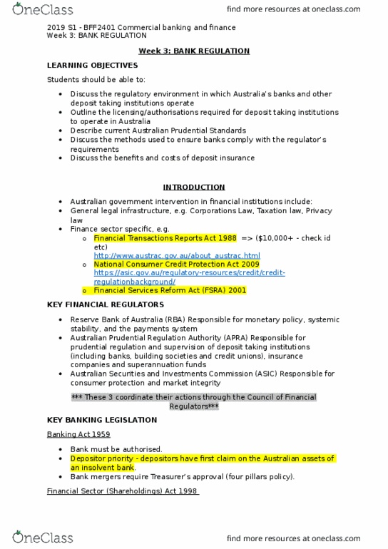 BFF2401 Lecture Notes - Lecture 3: Australian Prudential Regulation Authority, Consumer Credit Protection Act Of 1968, Building Society thumbnail