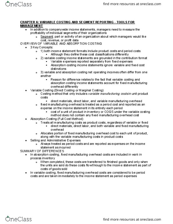 MGT 11B Chapter Notes - Chapter 6: Total Absorption Costing, Expense, Income Statement thumbnail