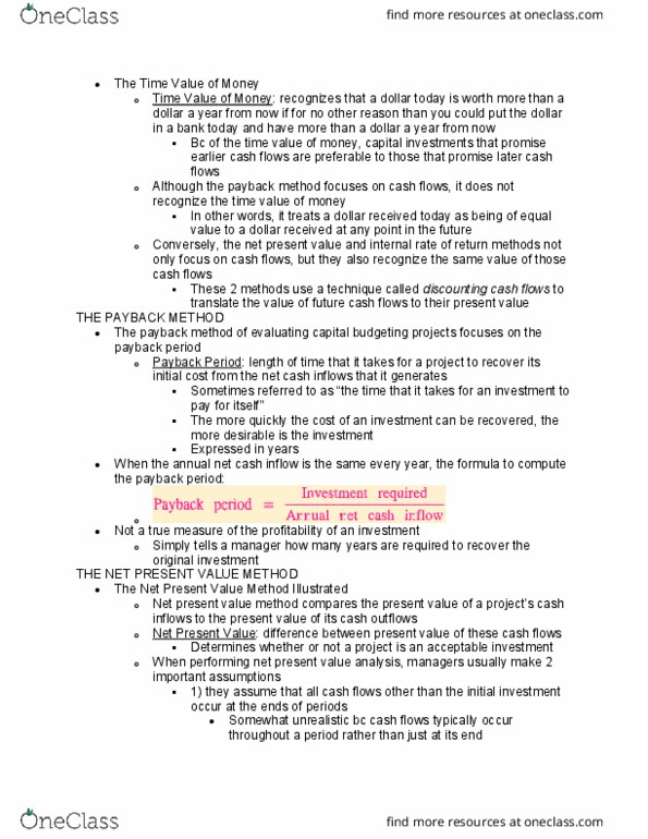 MGT 11B Chapter Notes - Chapter 13: Net Present Value, Capital Budgeting, Investment thumbnail