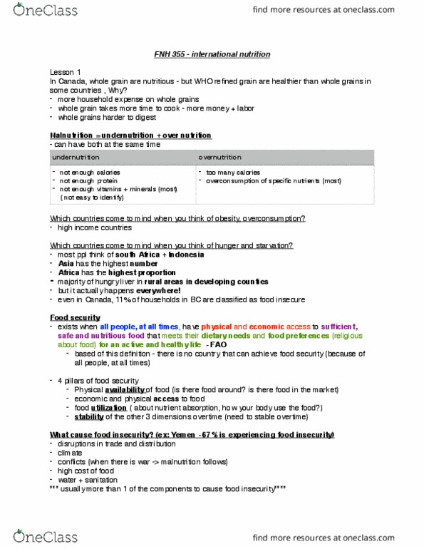 FNH 355 Lecture Notes - Lecture 1: Overnutrition, Overconsumption, Food Security thumbnail