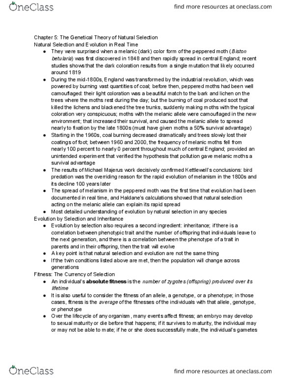 EEB 2245 Chapter Notes - Chapter 5: Michael Majerus, Phenotypic Trait, Lichen thumbnail