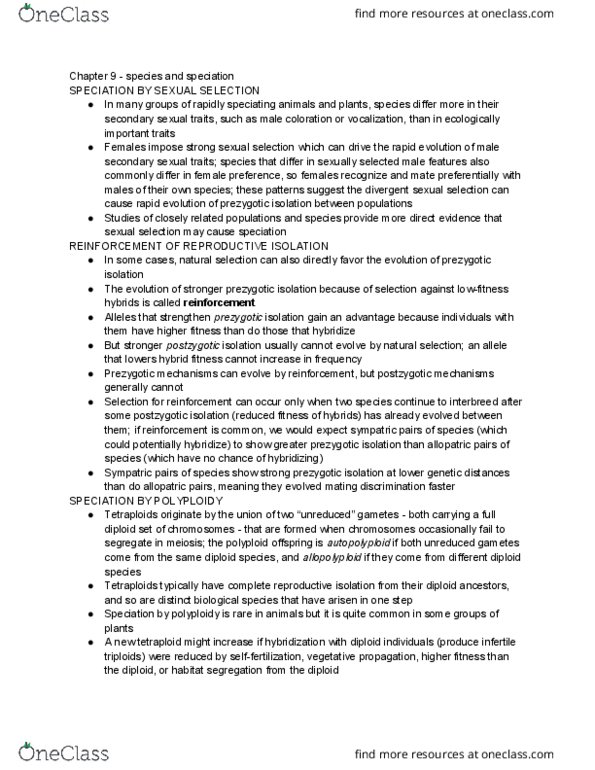 EEB 2245 Chapter Notes - Chapter 9: Sympatric Speciation, Niche Segregation, Reproductive Isolation thumbnail